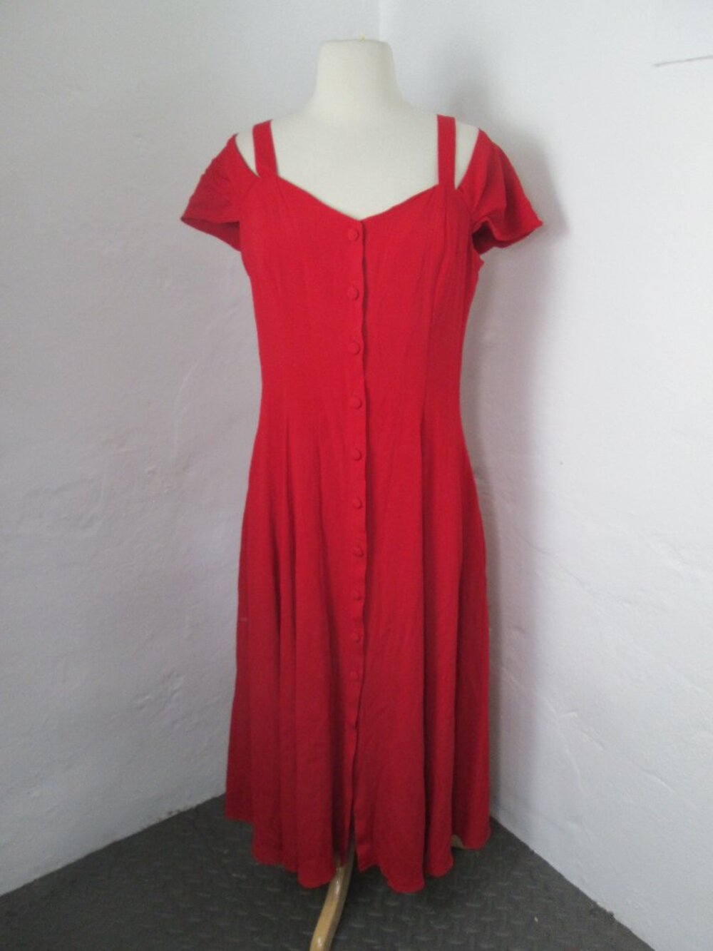 VIntage 90s Dress Moda International Red Crepe Button Front Split Sleeve 14